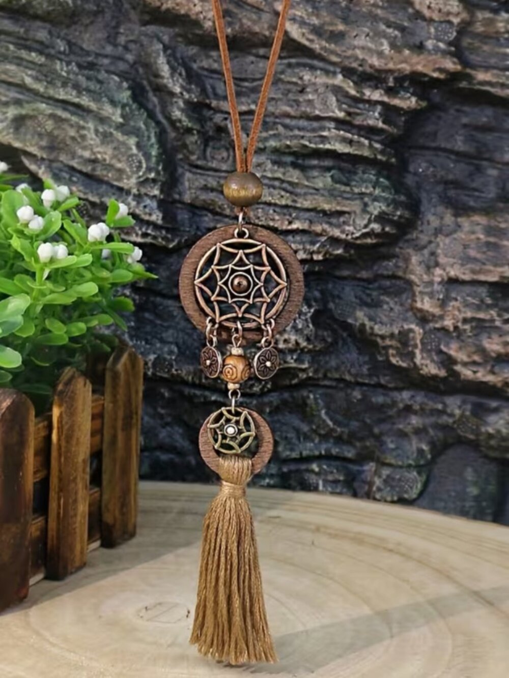 NWT Boho Vintage Wood Dreamcatcher Pendant Long Tassel Necklace Jewelry